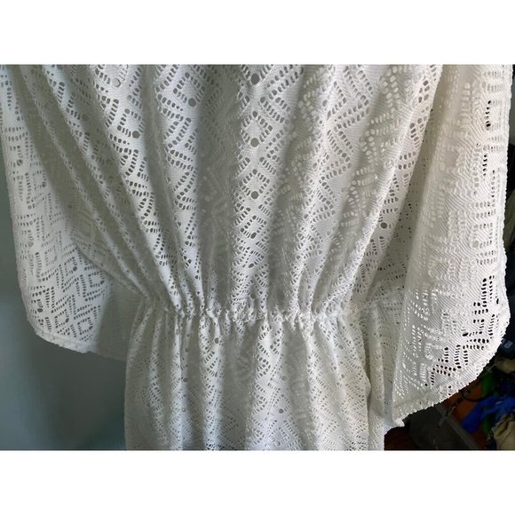 Tahiti Crochet Swim Cover Up Womens White V Neck Boho Dress XL Adjust Waist VTG - Picture 6 of 16